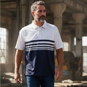 STRAIGHT DOWN POLO SHIRT MENS XXL PERFORMANCE ATHLETIC GOLF POLO BLUE & WHITE